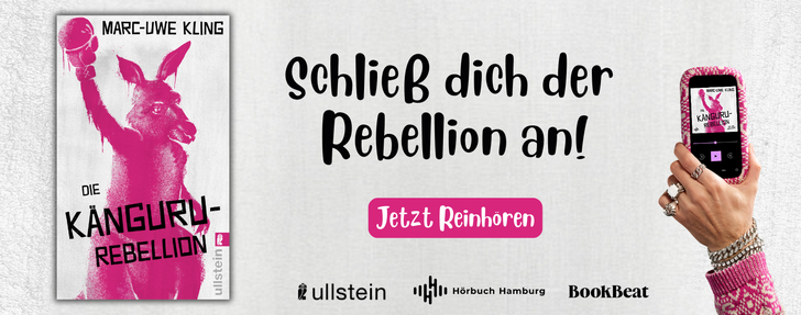 Das Banner bewirbt das neue Buch von Marc-Uwe Kling "Die Känguru-Rebellion" und insbesondere auf das Hörbuch aufmerksam. Ein Pink hinterlegter Button fordert zum Reinhören auf. Links ist das Buchcover abgebildet, rechts sieht man eine Hand, die ein Smartphone hält, auf dem das Hörbuch abgespielt wird.