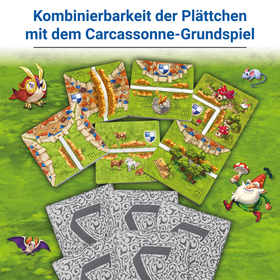 Überschrift: „Kombinierbarkeit der Plättchen mit dem Carcassonne-Grundspiel". Auf grünem Hintergrund sind sieben bedruckte Spielplättchen fächerartig ausgelegt, die mittelalterliche Landschaften mit Burgen, Wegen, Feldern und Wäldern zeigen. Darunter liegen vier verdeckte, grau gemusterte Karten. Am Rand sind comichafte Charakterfiguren zu sehen: ein roter Vogel mit Haube, eine graue Maus, ein Zwerg mit roter Mütze und eine kleine Fledermaus.