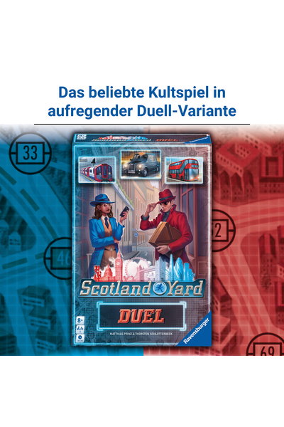 Produktbild des Ravensburger Spiels „Scotland Yard Duel" vor einem blau-roten Hintergrund mit stilisiertem Stadtplan. Oben steht in fetter blauer Schrift: „Das beliebte Kultspiel in aufregender Duell-Variante." Die Spielschachtel zeigt zwei Detektiv-Figuren in Londoner Straßenkulisse – eine Frau im blauen Mantel, ein Mann im roten Mantel – sowie Karten mit U-Bahn, Taxi und Doppeldeckerbus. Unten auf der Schachtel: Spielname „Scotland Yard Duel", Altersangabe ab 8 Jahren, 2 Spieler, 10–20 Minuten Spielzeit.