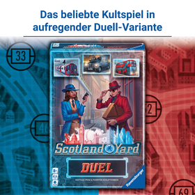 Produktbild des Ravensburger Spiels „Scotland Yard Duel" vor einem blau-roten Hintergrund mit stilisiertem Stadtplan. Oben steht in fetter blauer Schrift: „Das beliebte Kultspiel in aufregender Duell-Variante." Die Spielschachtel zeigt zwei Detektiv-Figuren in Londoner Straßenkulisse – eine Frau im blauen Mantel, ein Mann im roten Mantel – sowie Karten mit U-Bahn, Taxi und Doppeldeckerbus. Unten auf der Schachtel: Spielname „Scotland Yard Duel", Altersangabe ab 8 Jahren, 2 Spieler, 10–20 Minuten Spielzeit.