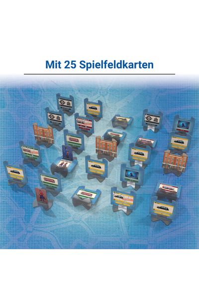 Produktbild mit der Überschrift „Mit 25 Spielfeldkarten" auf weißem Grund. Darunter sind 25 aufgestellte Spielfeldkarten auf einem hellblauen Stadtplan-Hintergrund zu sehen. Die Karten stehen in weißen Kunststoffständern und zeigen verschiedene Motive: Londoner Backsteingebäude, Taxikarten (schwarz), Buskarten (rot), U-Bahn-Karten, Black-Ticket-Karten sowie eine „Most Wanted"-Karte mit zwei Detektiv-Figuren.