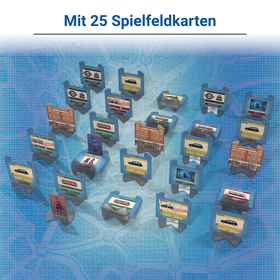 Produktbild mit der Überschrift „Mit 25 Spielfeldkarten" auf weißem Grund. Darunter sind 25 aufgestellte Spielfeldkarten auf einem hellblauen Stadtplan-Hintergrund zu sehen. Die Karten stehen in weißen Kunststoffständern und zeigen verschiedene Motive: Londoner Backsteingebäude, Taxikarten (schwarz), Buskarten (rot), U-Bahn-Karten, Black-Ticket-Karten sowie eine „Most Wanted"-Karte mit zwei Detektiv-Figuren.
