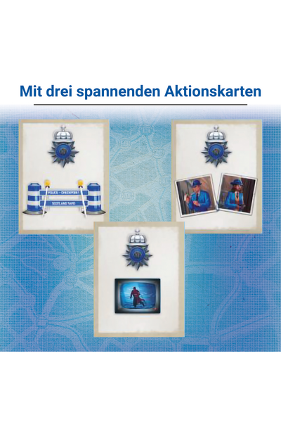 Produktbild mit der Überschrift „Mit drei spannenden Aktionskarten" auf weißem Grund. Drei Spielkarten sind vor blauem Stadtplan-Hintergrund abgebildet, jede mit einem Scotland-Yard-Abzeichen oben. Die linke Karte zeigt eine Polizei-Absperrung mit der Aufschrift „Police Checkpoint – Scotland Yard". Die rechte Karte zeigt zwei Polaroid-Fotos von Detektiven. Die untere Karte zeigt einen Bildschirm mit einer flüchtenden Figur auf einem Motorrad.