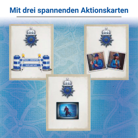 Produktbild mit der Überschrift „Mit drei spannenden Aktionskarten" auf weißem Grund. Drei Spielkarten sind vor blauem Stadtplan-Hintergrund abgebildet, jede mit einem Scotland-Yard-Abzeichen oben. Die linke Karte zeigt eine Polizei-Absperrung mit der Aufschrift „Police Checkpoint – Scotland Yard". Die rechte Karte zeigt zwei Polaroid-Fotos von Detektiven. Die untere Karte zeigt einen Bildschirm mit einer flüchtenden Figur auf einem Motorrad.