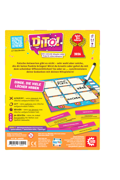 Rückseite der Spielschachtel von „Dito!". Auf gelbem Hintergrund erklärt ein kurzer Text das Spielprinzip: Alle Spielenden schreiben gleichzeitig Antworten auf ein 3x3-Tableau. Punkte gibt es, wenn mehrere Spielende dasselbe geschrieben haben – Bonuspunkte für ganze Reihen und Spalten. Eine Beispielrunde zeigt das Tableau mit der Kategorie „Dinge, die viele Löcher haben" und den Antworten „Golfplatz", „Käse" und „Socken". Außerdem sind die vier Wertungsstufen erklärt (Schlecht / Gut / Besser / Am besten) sowie der Inhalt: 200 Kategorienkarten, 7 Spieltableaus, 7 abwischbare Stifte, 1 Spielregel. Oben rechts das „Spiel des Jahres 2026"-Siegel.