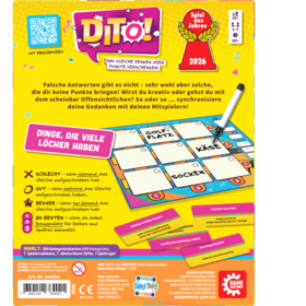 Rückseite der Spielschachtel von „Dito!". Auf gelbem Hintergrund erklärt ein kurzer Text das Spielprinzip: Alle Spielenden schreiben gleichzeitig Antworten auf ein 3x3-Tableau. Punkte gibt es, wenn mehrere Spielende dasselbe geschrieben haben – Bonuspunkte für ganze Reihen und Spalten. Eine Beispielrunde zeigt das Tableau mit der Kategorie „Dinge, die viele Löcher haben" und den Antworten „Golfplatz", „Käse" und „Socken". Außerdem sind die vier Wertungsstufen erklärt (Schlecht / Gut / Besser / Am besten) sowie der Inhalt: 200 Kategorienkarten, 7 Spieltableaus, 7 abwischbare Stifte, 1 Spielregel. Oben rechts das „Spiel des Jahres 2026"-Siegel.