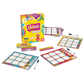 Produktfoto des Brettspiels „Dito!" von Game Factory. Im Zentrum steht die leuchtend gelbe Spielschachtel mit dem pinken Logo und dem Aufdruck „Spiel des Jahres 2026". Darum herum sind alle Spielkomponenten ausgebreitet: vier farbige Spieltableaus (blau, grün, lila, rot) im 3\times3-Raster-Format, zwei Stapel Kategorienkarten, mehrere abwischbare Stifte und ein einzelner Stift. Auf der Schachtel steht: „Das Gleiche denken oder Punkte verschenken!" sowie die Altersangabe „10+".