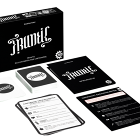 Schwarze Spielschachtel mit dem Schriftzug „Frantic – Das hinterhältige Kartenspiel" von Game Factory, davor ausgebreitet: ein Stapel schwarz-weißer Spielkarten, eine weiße Karte mit Regelübersicht zu einfarbigen Spezialkarten sowie ein schwarzes Regelblatt mit Übersicht der Ereigniskarten.