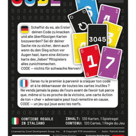 Schwarze Schachtelrückseite des Kartenspiels CODE von Game Factory. Oben links der bunte Spieltitel „CODE" in roten, blauen, gelben und violetten Buchstaben. Oben rechts Piktogramme: ab 8 Jahren, 2–8 Spieler, 15+ Minuten Spielzeit. Daneben sind mehrere fächerartig angeordnete Spielkarten in Blau, Violett, Gelb, Rot und Schwarz zu sehen, mit großen weißen Zahlen (z. B. 6, 4, 5, 1, 7) und einer schwarzen Karte mit dem Code „3045". Darunter zwei Textblöcke: einer auf Deutsch mit deutschem Fähnchen, einer auf Französisch mit französischem Fähnchen – beide beschreiben das Spielprinzip (als Erster den eigenen Code knacken und Karten loswerden, aber Vorsicht vor Aktionskarten der Mitspieler). Unten links ein Hinweis auf italienische Spielregeln (mit italienischer Flagge). Unten rechts: Inhalt 120 Karten, 1 Spielregel. Ganz unten Barcode, CE-Zeichen, Copyright-Angaben (2022 Game Factory), Herstellerhinweis (Made in Poland) und das Game-Factory-Logo.