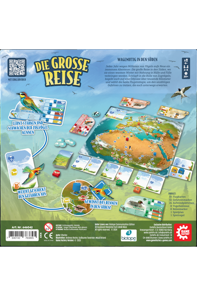 Rückseite der Spielschachtel „Die Große Reise" von Game Factory. Oben links das Spiellogo in gelber Schrift auf blauem Hintergrund, daneben ein QR-Code mit dem Hinweis „Mit Erklärvideo". Oben rechts der Titel „Wagemutig in den Süden" mit einem erklärenden Fließtext sowie Symbolen für Alter (8+), Spieleranzahl (2–8) und Spielzeit (20+ Minuten). Die Bildmitte zeigt das aufgebaute Spielmaterial: ein großer Spielplan mit einer stilisierten Karte Europas, Nordafrikas und des Nahen Ostens, umgeben von Karten, Tableaus, bunten Holzwürfeln und Markern. Pfeile mit Beschriftungen erklären drei Spielelemente: „Lernt Stärken und Schwächen der Zugvögel kennen" (Vogeltableau mit Bienenfresser), „Weicht geschickt den Gefahren aus" (Spielkarten) und „Gewinnt das Rennen in den Süden!" (Detailansicht des Spielplans). Unten rechts eine Inhaltsliste: 55 Flugkarten, 52 Gefahrenmarker, 24 Aufwindplättchen, 8 Vogeltableaus, 8 Reisemarker, 1 Spielplan, 1 Spielregel.