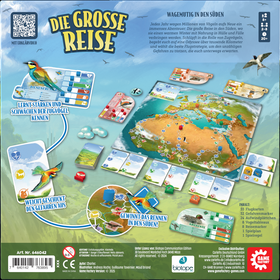 Rückseite der Spielschachtel „Die Große Reise" von Game Factory. Oben links das Spiellogo in gelber Schrift auf blauem Hintergrund, daneben ein QR-Code mit dem Hinweis „Mit Erklärvideo". Oben rechts der Titel „Wagemutig in den Süden" mit einem erklärenden Fließtext sowie Symbolen für Alter (8+), Spieleranzahl (2–8) und Spielzeit (20+ Minuten). Die Bildmitte zeigt das aufgebaute Spielmaterial: ein großer Spielplan mit einer stilisierten Karte Europas, Nordafrikas und des Nahen Ostens, umgeben von Karten, Tableaus, bunten Holzwürfeln und Markern. Pfeile mit Beschriftungen erklären drei Spielelemente: „Lernt Stärken und Schwächen der Zugvögel kennen" (Vogeltableau mit Bienenfresser), „Weicht geschickt den Gefahren aus" (Spielkarten) und „Gewinnt das Rennen in den Süden!" (Detailansicht des Spielplans). Unten rechts eine Inhaltsliste: 55 Flugkarten, 52 Gefahrenmarker, 24 Aufwindplättchen, 8 Vogeltableaus, 8 Reisemarker, 1 Spielplan, 1 Spielregel.