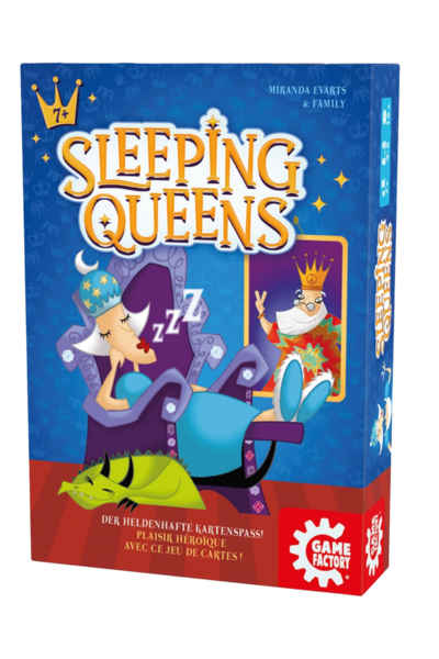 Frontansicht der Spielschachtel von „Sleeping Queens". Auf blauem Grund prangt der goldene Schriftzug „Sleeping Queens". Darunter schläft eine Königin mit Sternenhaube tief in einem lila Thron, begleitet von „ZZZ"-Symbolen. Rechts daneben ist ein fröhlicher König auf einer Karte zu sehen. Am unteren Rand liegt ein grüner Drache. Der rote Streifen unten trägt den Slogan „Der heldenhafte Kartenspaß!" auf Deutsch und Französisch sowie das Game-Factory-Logo.