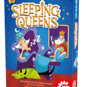 Frontansicht der Spielschachtel von „Sleeping Queens". Auf blauem Grund prangt der goldene Schriftzug „Sleeping Queens". Darunter schläft eine Königin mit Sternenhaube tief in einem lila Thron, begleitet von „ZZZ"-Symbolen. Rechts daneben ist ein fröhlicher König auf einer Karte zu sehen. Am unteren Rand liegt ein grüner Drache. Der rote Streifen unten trägt den Slogan „Der heldenhafte Kartenspaß!" auf Deutsch und Französisch sowie das Game-Factory-Logo.