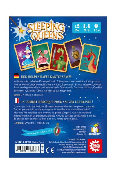 Rückseite der Spielschachtel von „Sleeping Queens". Oben der Spieltitel in weißem Schriftzug auf dunkelblauem Sternenhimmel, daneben Symbole für Alter (7+), Spielerzahl (2–5) und Spieldauer (15+ Minuten). Fünf aufgefächerte Spielkarten zeigen verschiedene Charaktere: eine Mondkönigin, die Kaugummi-Königin, einen Ritter, einen Schlaftrank und einen Drachen. Darunter folgt der deutsche Beschreibungstext sowie die französische Übersetzung. Am unteren Rand stehen Verlagsangaben von Carletto/Game Factory, Lizenzhinweis auf Gamewright sowie ein Hinweis auf beigelegte italienische Spielregeln.