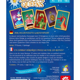 Rückseite der Spielschachtel von „Sleeping Queens". Oben der Spieltitel in weißem Schriftzug auf dunkelblauem Sternenhimmel, daneben Symbole für Alter (7+), Spielerzahl (2–5) und Spieldauer (15+ Minuten). Fünf aufgefächerte Spielkarten zeigen verschiedene Charaktere: eine Mondkönigin, die Kaugummi-Königin, einen Ritter, einen Schlaftrank und einen Drachen. Darunter folgt der deutsche Beschreibungstext sowie die französische Übersetzung. Am unteren Rand stehen Verlagsangaben von Carletto/Game Factory, Lizenzhinweis auf Gamewright sowie ein Hinweis auf beigelegte italienische Spielregeln.