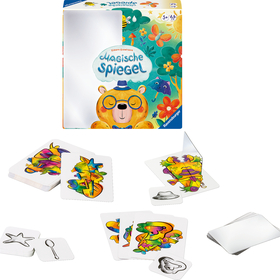 Das Bild zeigt das Kinderspiel „Magische Spiegel" von Ravensburger, illustriert von Kseniya Kuznetsova.  Spielschachtel (oben): Die quadratische Schachtel ist bunt gestaltet mit einem freundlichen, goldbraunen Bären mit blauen Brillengläsern und blauem Hut als Hauptfigur. Im Hintergrund sind Naturmotive zu sehen: Schmetterlinge, Blumen, Pilze, eine Biene, ein Regenschirm und Blätter in kräftigen Farben. Ein silbernes Spiegelfeld ist auf der Schachtel integriert. Symbole weisen auf das Alter ab 5 Jahren und 2–6 Spieler hin.  Spielmaterial (unten): Vor der Schachtel sind verschiedene Spielkarten ausgebreitet:  Bunte Bildkarten mit lebhaft kolorierten, abstrakten Tier- und Figurenmotiven in Regenbogenfarben. Schwarz-weiß-Karten mit einfachen Strichzeichnungen einzelner Gegenstände (z. B. ein Hut, ein Seestern, ein Löffel, eine Nase). Ein kleiner dreieckiger Spiegel steht aufgestellt zwischen den Karten. Ein Stapel leerer (weißer) Karten liegt rechts daneben. Das Spiel kombiniert bunte Bildkarten mit Spiegeleffekten und Gegenstandskarten.
