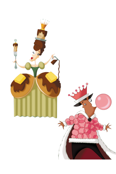 Zwei freistehende Charakterillustrationen aus „Sleeping Queens" auf weißem Hintergrund. Links oben: eine elegante Königin im Barockkleid, das aus gestapelten Pfannkuchen mit Schokoladensoße und Butterflöckchen besteht; auf dem Kopf balanciert sie einen Kuchenstapel mit goldener Krone, in den Händen hält sie eine edle Gabel und ein Stück Schokolade. Rechts unten: ein stilvoller König mit rosa Kaugummiblase, pinker Krone und einem Umhang aus rosafarbenen Kreisen – verspielt und frech.