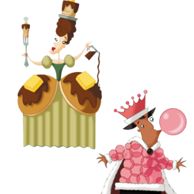 Zwei freistehende Charakterillustrationen aus „Sleeping Queens" auf weißem Hintergrund. Links oben: eine elegante Königin im Barockkleid, das aus gestapelten Pfannkuchen mit Schokoladensoße und Butterflöckchen besteht; auf dem Kopf balanciert sie einen Kuchenstapel mit goldener Krone, in den Händen hält sie eine edle Gabel und ein Stück Schokolade. Rechts unten: ein stilvoller König mit rosa Kaugummiblase, pinker Krone und einem Umhang aus rosafarbenen Kreisen – verspielt und frech.