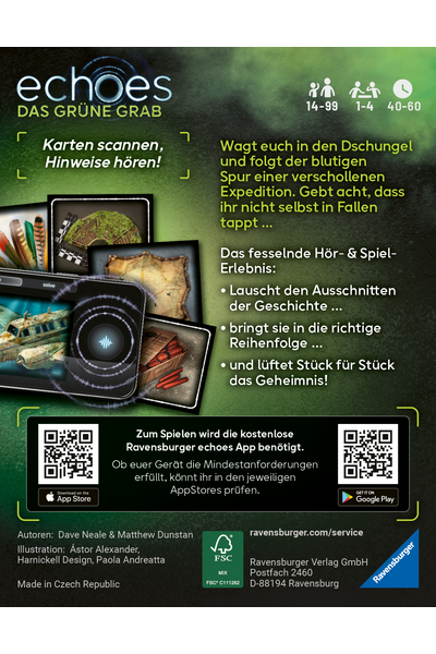Rückseite der Spielschachtel von „echoes – Das Grüne Grab" (Ravensburger). Oben links das Spiellogo, oben rechts Piktogramme: Alter 14–99, 1–4 Spieler, Spieldauer 40–60 Minuten. Links eine Collage aus Spielkarten und der App-Oberfläche. Rechts der Beschreibungstext: „Wagt euch in den Dschungel und folgt der blutigen Spur einer verschollenen Expedition." Drei Spielprinzipien als Aufzählung: Geschichtsausschnitte hören, in die richtige Reihenfolge bringen, das Geheimnis lüften. Unten ein schwarzes Banner mit zwei QR-Codes für App Store und Google Play sowie dem Hinweis, dass die kostenlose Ravensburger echoes App benötigt wird. Ganz unten Autorenangaben und Verlagsadresse.