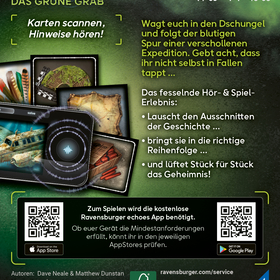 Rückseite der Spielschachtel von „echoes – Das Grüne Grab" (Ravensburger). Oben links das Spiellogo, oben rechts Piktogramme: Alter 14–99, 1–4 Spieler, Spieldauer 40–60 Minuten. Links eine Collage aus Spielkarten und der App-Oberfläche. Rechts der Beschreibungstext: „Wagt euch in den Dschungel und folgt der blutigen Spur einer verschollenen Expedition." Drei Spielprinzipien als Aufzählung: Geschichtsausschnitte hören, in die richtige Reihenfolge bringen, das Geheimnis lüften. Unten ein schwarzes Banner mit zwei QR-Codes für App Store und Google Play sowie dem Hinweis, dass die kostenlose Ravensburger echoes App benötigt wird. Ganz unten Autorenangaben und Verlagsadresse.