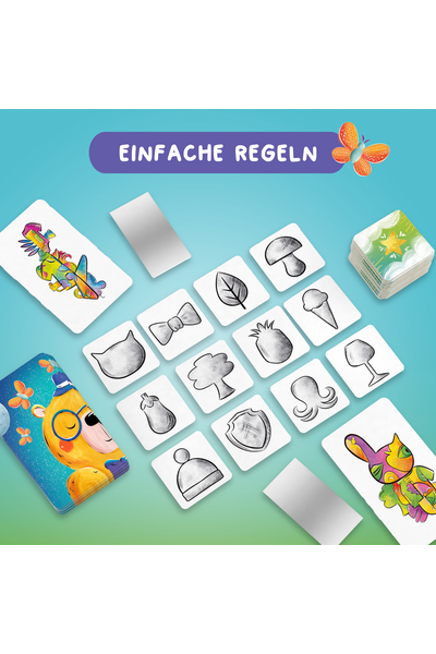 Das Bild zeigt Spielkarten eines Kinderspiels auf türkisfarbenem Hintergrund. Oben steht in weißer Schrift auf lila Hintergrund: „EINFACHE REGELN", daneben eine bunte Schmetterlingsillustration.  Im Mittelpunkt liegen etwa 14 quadratische Karten mit schwarz-weißen Bleistiftzeichnungen verschiedener Motive: Pilz, Blatt, Schleife, Katzenform, Eiswaffel, Baum, Birne, Ananas, Weinkelch, Qualle, Wappen/Schild, Mütze sowie zwei verdeckte silberne Karten.  Am Rand sind farbig illustrierte Karten zu sehen: links oben ein buntes, abstraktes Tier, links unten eine gelbe Giraffe mit Sonnenbrille, rechts unten ein farbenfrohes Fantasietier. Rechts oben liegt ein Stapel verdeckter Karten mit grün-gelbem Rückenmotiv.