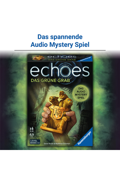 Nahaufnahme der Spielschachtel-Vorderseite vor grün-nebligem Hintergrund. Überschrift oben: „Das spannende Audio Mystery Spiel". Die Schachtel zeigt das echoes-Logo mit konzentrischen Kreisen, den Untertitel „Das Grüne Grab", eine Hand, die eine goldene präkolumbianische Tierfigur mit Schlangen und Raubkatzen hält, sowie einen grünen Dschungelhintergrund. Unten auf der Schachtel: Alters- und Spieleranzahl-Piktogramme, Level-Anzeige (3 von 5 gefüllt), Autorenangabe und das Ravensburger-Logo.