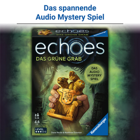 Nahaufnahme der Spielschachtel-Vorderseite vor grün-nebligem Hintergrund. Überschrift oben: „Das spannende Audio Mystery Spiel". Die Schachtel zeigt das echoes-Logo mit konzentrischen Kreisen, den Untertitel „Das Grüne Grab", eine Hand, die eine goldene präkolumbianische Tierfigur mit Schlangen und Raubkatzen hält, sowie einen grünen Dschungelhintergrund. Unten auf der Schachtel: Alters- und Spieleranzahl-Piktogramme, Level-Anzeige (3 von 5 gefüllt), Autorenangabe und das Ravensburger-Logo.
