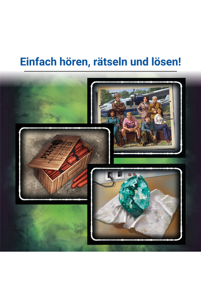 Überschrift: „Einfach hören, rätseln und lösen!" Drei illustrierte Spielkarten auf grün-nebligem Hintergrund: Oben rechts eine Gruppenillustration der sieben Expeditionsmitglieder mit Namen (u. a. Prof. Jessica Hill, Adam Grain, Mike Gervais, Jack Gibson, Sylvia Herrera). Unten links eine Holzkiste mit roten Dynamitstangen, beschriftet mit „Pluto". Unten rechts ein türkisfarbener, leuchtender Edelstein auf einem Tuch, daneben ein Stromkabel mit Stecker.