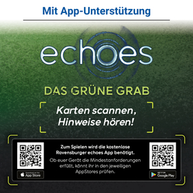 Überschrift: „Mit App-Unterstützung". Auf dunkelgrünem, strukturiertem Hintergrund das echoes-Logo mit Schallwellen-Grafik, darunter in gelblich-grüner Schrift „Das Grüne Grab" und kursiv „Karten scannen, Hinweise hören!". Unten ein schwarzes Banner mit zwei QR-Codes (App Store links, Google Play rechts) und dem Hinweis, dass zum Spielen die kostenlose Ravensburger echoes App benötigt wird.
