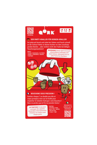 Rückseite der roten Spielschachtel von „QORK" (Game Factory). Oben links ein QR-Code mit dem Hinweis „Mit Erklärvideo", oben rechts Symbole für 3–8 Spieler, ab 8 Jahren, ab 15 Minuten. Auf Deutsch: „Der Party-Knaller für Korken-Kraller!" – darunter Spielbeschreibung, Inhaltsliste und eine Warnung: „Dieses Spiel verursacht unkontrollierte Zuckungen und laute Schreie." Eine Illustration zeigt eine Hand, die einen roten Becher über mehrere Korken stülpt, die an Schnüren befestigt sind. Rechts unten ein animierter Kork-Charakter, der erschrocken wegläuft. Darunter die französische Version des Textes sowie ein QR-Code für italienische Anleitung.
