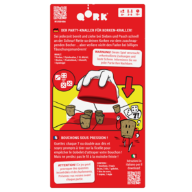 Rückseite der roten Spielschachtel von „QORK" (Game Factory). Oben links ein QR-Code mit dem Hinweis „Mit Erklärvideo", oben rechts Symbole für 3–8 Spieler, ab 8 Jahren, ab 15 Minuten. Auf Deutsch: „Der Party-Knaller für Korken-Kraller!" – darunter Spielbeschreibung, Inhaltsliste und eine Warnung: „Dieses Spiel verursacht unkontrollierte Zuckungen und laute Schreie." Eine Illustration zeigt eine Hand, die einen roten Becher über mehrere Korken stülpt, die an Schnüren befestigt sind. Rechts unten ein animierter Kork-Charakter, der erschrocken wegläuft. Darunter die französische Version des Textes sowie ein QR-Code für italienische Anleitung.
