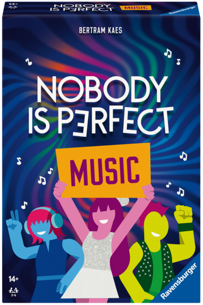 Spielschachtel von „Nobody is Perfect Music" (Ravensburger). Auf dunkelblauem Hintergrund mit Wirbelmustern tanzen drei bunte Comic-Figuren. Der Titel „NOBODY IS PERFECT" steht in großen weißen Buchstaben, darunter ein oranges Banner mit „MUSIC" in Lila. Oben der Autorenname „Bertram Kaes", unten links die Angaben: ab 14 Jahren, 3–6 Spieler.