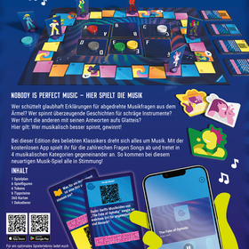 Schachtelrückseite. Oben das Spiellogo, darunter ein Foto des aufgebauten Spielbretts mit Spielfiguren, bunten Feldern und Tokens. Darunter ein Beschreibungstext auf Deutsch, eine Inhaltsliste (1 Spielplan, 6 Spielfiguren, 6 Tokens, 6 Tippsteine, 360 Karten, 1 Dekodierer) sowie Fotos von Spielkarten und einem Smartphone mit der Spiel-App. QR-Codes für App Store und Google Play sind abgebildet.