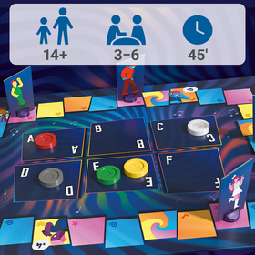 Nahaufnahme des aufgebauten Spielbretts. Im oberen Bildbereich drei Piktogramme auf hellgrauem Grund: Altersangabe 14+, Spieleranzahl 3–6, Spieldauer 45 Minuten. Das Spielfeld zeigt sechs beschriftete Felder (A–F) mit farbigen Scheiben (rot, grau, weiß, grün, gelb), bunte Randfelder und aufgestellte Spielfiguren.