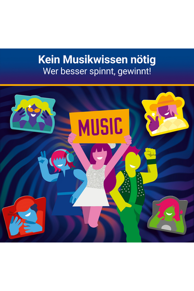 Illustration auf dunkelblauem Wellenmuster-Hintergrund. Oben steht in weißer Fettschrift: „Kein Musikwissen nötig – Wer besser spinnt, gewinnt!" Drei bunte Comic-Figuren tanzen: eine blaue mit roten Haaren und Kopfhörern, eine pinke in glitzerndem Kleid, die ein oranges Schild mit der Aufschrift „MUSIC" hochhält, und eine gelbgrüne mit erhobener Faust. Drumherum vier Charakterkarten im Sticker-Stil.