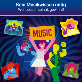Illustration auf dunkelblauem Wellenmuster-Hintergrund. Oben steht in weißer Fettschrift: „Kein Musikwissen nötig – Wer besser spinnt, gewinnt!" Drei bunte Comic-Figuren tanzen: eine blaue mit roten Haaren und Kopfhörern, eine pinke in glitzerndem Kleid, die ein oranges Schild mit der Aufschrift „MUSIC" hochhält, und eine gelbgrüne mit erhobener Faust. Drumherum vier Charakterkarten im Sticker-Stil.