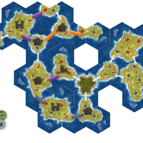 Draufsicht auf ein aufgebautes Orkney-Spielfeld auf weißem Hintergrund. In der Mitte ein zusammengesetztes Archipel aus sechseckigen Inselplättchen in Blau (Meer) und Grün-Braun (Land), verbunden durch farbige Handelswege in Orange, Lila und Grau. Auf den Inseln stehen dunkle Holzfiguren: Bauernhöfe, Dörfer und Burgen. Rund um das Spielfeld sind einzelne Spielkomponenten verteilt: links Inselplättchen, ein orangefarbenes Schiff, Rohstoffmarker (Holz, Stein, Stoff) und Fischmarker; rechts ein Stapel grüner Aufgabenkarten, ein dunkelblaues Inselplättchen, ein graues Schiff und bunte Rohstoffmarker. Unten rechts eine grüne Aufgabenkarte mit dem Text: „Du hast am Ende des Spiels die meisten Fischpunkte = 6 Siegpunkte."