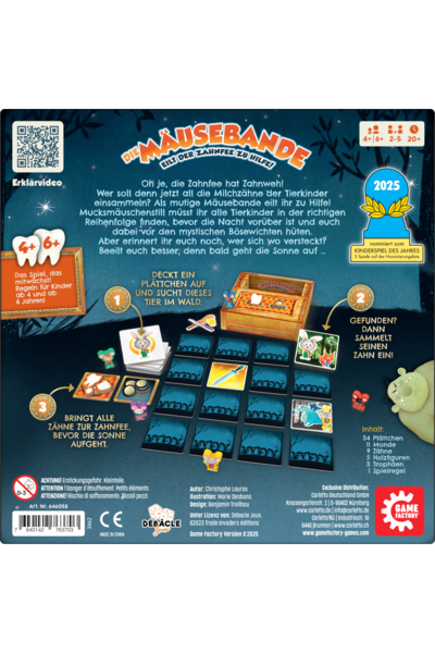 Rückseite der Spielschachtel von „Die Mäusebande". Oben steht der Titel mit Untertitel „Eilt der Zahnfee zu Hilfe!". Ein kurzer Text erklärt die Geschichte: Die Zahnfee hat Zahnweh, die Spieler helfen als mutige Mäusebande, Milchzähne der Tierkinder einzusammeln. Drei nummerierte Spielschritte werden mit Bildern erklärt: 1. Plättchen aufdecken und Tier suchen, 2. Tier gefunden – Zahn einsammeln, 3. Alle Zähne zur Zahnfee bringen. Rechts oben: Auszeichnung „Nominiert zum Kinderspiel des Jahres 2025". Symbole zeigen: ab 4/6 Jahren, 2–5 Spieler, ca. 20 Minuten. Unten: Inhaltsliste, Impressum, Game Factory-Logo.