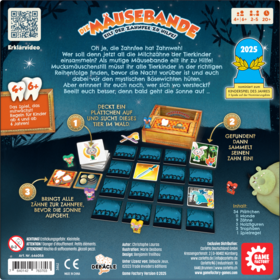 Rückseite der Spielschachtel von „Die Mäusebande". Oben steht der Titel mit Untertitel „Eilt der Zahnfee zu Hilfe!". Ein kurzer Text erklärt die Geschichte: Die Zahnfee hat Zahnweh, die Spieler helfen als mutige Mäusebande, Milchzähne der Tierkinder einzusammeln. Drei nummerierte Spielschritte werden mit Bildern erklärt: 1. Plättchen aufdecken und Tier suchen, 2. Tier gefunden – Zahn einsammeln, 3. Alle Zähne zur Zahnfee bringen. Rechts oben: Auszeichnung „Nominiert zum Kinderspiel des Jahres 2025". Symbole zeigen: ab 4/6 Jahren, 2–5 Spieler, ca. 20 Minuten. Unten: Inhaltsliste, Impressum, Game Factory-Logo.