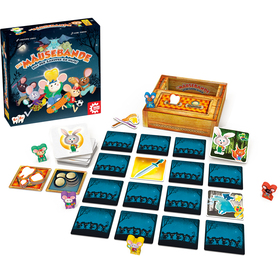 Produktfoto des Spiels „Die Mäusebande – Eilt der Zahnfee zu Hilfe!" vor dunklem Hintergrund. Links oben steht die quadratische Spielschachtel mit dem Titelbild: bunte Mäuse-Charaktere eilen nachts durch einen Wald. Daneben liegt das aufgebaute Spiel: eine Holzschatulle (die „Zahnfee-Kiste"), ein Raster aus blauen Nacht-Plättchen (zwei aufgedeckt mit Schwert- und Wolfs-Motiv), Stapel weißer Karten, goldig gerahmte Zahn-Plättchen, Münzen und fünf Holzmäuse-Figuren in verschiedenen Farben.