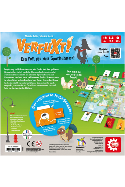 Die Rückseite zeigt die Spielinfos (ab 6 Jahren, 2–4 Spieler, ca. 20 Minuten) sowie einen Text, der die Geschichte erklärt: Ein Fuchs hat in Hühnerhausen das goldene Ei gestohlen, und die Spieler müssen ihn als Spürhühner überführen. Eine Grafik erläutert den Fuchs-Scanner in vier Schritten, und eine Inhaltsliste nennt alle 57 Spielkomponenten.