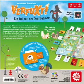 Die Rückseite zeigt die Spielinfos (ab 6 Jahren, 2–4 Spieler, ca. 20 Minuten) sowie einen Text, der die Geschichte erklärt: Ein Fuchs hat in Hühnerhausen das goldene Ei gestohlen, und die Spieler müssen ihn als Spürhühner überführen. Eine Grafik erläutert den Fuchs-Scanner in vier Schritten, und eine Inhaltsliste nennt alle 57 Spielkomponenten.