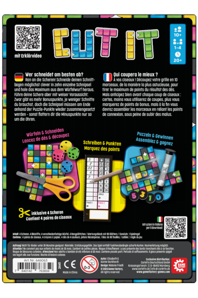 Schwarze Spielschachtel-Rückseite des Gesellschaftsspiels „Cut It". Oben links ein QR-Code mit dem Hinweis „mit Erklärvideo", oben mittig der bunte Spieltitel in Tetris-ähnlichen Buchstaben. Rechts oben Piktogramme: ab 10 Jahren, 1–4 Spieler, ab 20 Minuten Spielzeit. Darunter zweisprachiger Beschreibungstext auf Deutsch und Französisch, der den Spielablauf erklärt: Würfeln, Schnittbogen in zehn Schnipsel schneiden, Punkte sammeln und Puzzle-Punkte verbinden. In der Bildmitte eine Illustration der drei Spielphasen mit Spielmaterial: ein buntes Rasterblatt mit Würfeln und Schere (Phase 1: Würfeln & Schneiden), ein Wertungsblock mit Bleistift (Phase 2: Schreiben & Punkten) und ein zusammengesetztes Raster mit Sanduhr (Phase 3: Puzzeln & Gewinnen). Unten links ein Scheren-Symbol mit dem Hinweis „inklusive 4 Scheren". Am unteren Rand Inhaltsangabe, Sicherheitshinweise, Barcode und Herstellerangaben.