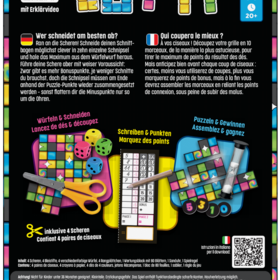Schwarze Spielschachtel-Rückseite des Gesellschaftsspiels „Cut It". Oben links ein QR-Code mit dem Hinweis „mit Erklärvideo", oben mittig der bunte Spieltitel in Tetris-ähnlichen Buchstaben. Rechts oben Piktogramme: ab 10 Jahren, 1–4 Spieler, ab 20 Minuten Spielzeit. Darunter zweisprachiger Beschreibungstext auf Deutsch und Französisch, der den Spielablauf erklärt: Würfeln, Schnittbogen in zehn Schnipsel schneiden, Punkte sammeln und Puzzle-Punkte verbinden. In der Bildmitte eine Illustration der drei Spielphasen mit Spielmaterial: ein buntes Rasterblatt mit Würfeln und Schere (Phase 1: Würfeln & Schneiden), ein Wertungsblock mit Bleistift (Phase 2: Schreiben & Punkten) und ein zusammengesetztes Raster mit Sanduhr (Phase 3: Puzzeln & Gewinnen). Unten links ein Scheren-Symbol mit dem Hinweis „inklusive 4 Scheren". Am unteren Rand Inhaltsangabe, Sicherheitshinweise, Barcode und Herstellerangaben.