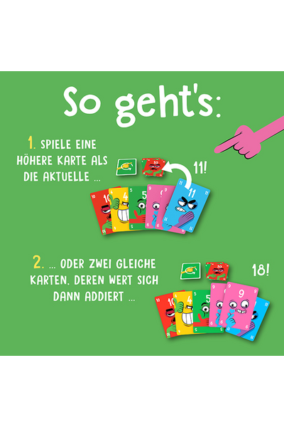 Grüner Hintergrund mit der Überschrift „So geht's:" und einer illustrierten Spielanleitung. Eine pinke Cartoon-Hand zeigt auf Regel 1: „Spiele eine höhere Karte als die aktuelle" – illustriert mit einem Fächer bunter Zahlenkarten mit Monstermotiven, die Karte 11 wird gespielt. Darunter Regel 2: „Oder zwei gleiche Karten, deren Wert sich dann addiert" – zwei Karten mit dem Wert 9 ergeben zusammen 18.