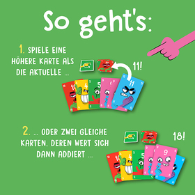 Grüner Hintergrund mit der Überschrift „So geht's:" und einer illustrierten Spielanleitung. Eine pinke Cartoon-Hand zeigt auf Regel 1: „Spiele eine höhere Karte als die aktuelle" – illustriert mit einem Fächer bunter Zahlenkarten mit Monstermotiven, die Karte 11 wird gespielt. Darunter Regel 2: „Oder zwei gleiche Karten, deren Wert sich dann addiert" – zwei Karten mit dem Wert 9 ergeben zusammen 18.