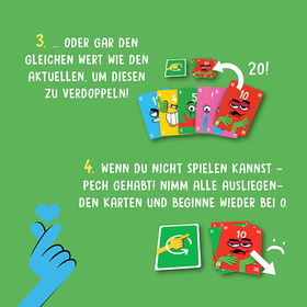 Fortsetzung der Spielanleitung auf grünem Hintergrund. Regel 3: „Oder gar den gleichen Wert wie den aktuellen, um diesen zu verdoppeln!" – ein Kartenfächer zeigt, wie eine Karte mit Wert 10 auf eine liegende 10er-Karte gespielt wird, was den Wert auf 20 verdoppelt. Regel 4: „Wenn du nicht spielen kannst – Pech gehabt! Nimm alle ausliegenden Karten und beginne wieder bei 0." Illustriert mit einer grünen Sonderkarte und einem roten Monster, das Karten aufnimmt. Links unten ein blaues Cartoon-Herz-Finger-Symbol.