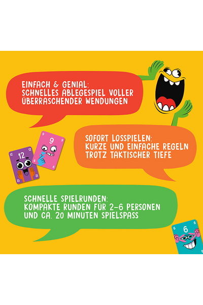 Gelber Hintergrund mit drei farbigen Sprechblasen und einem grünen Monster-Charakter oben rechts. Die Sprechblasen heben die Spielvorteile hervor: Rot: „Einfach & genial: Schnelles Ablegespiel voller überraschender Wendungen." Orange: „Sofort losspielen: Kurze und einfache Regeln trotz taktischer Tiefe." Grün: „Schnelle Spielrunden: Kompakte Runden für 2–6 Personen und ca. 20 Minuten Spielspaß." Daneben zwei Beispielkarten mit Monstermotiven (Werte 9 und 12 sowie 6).