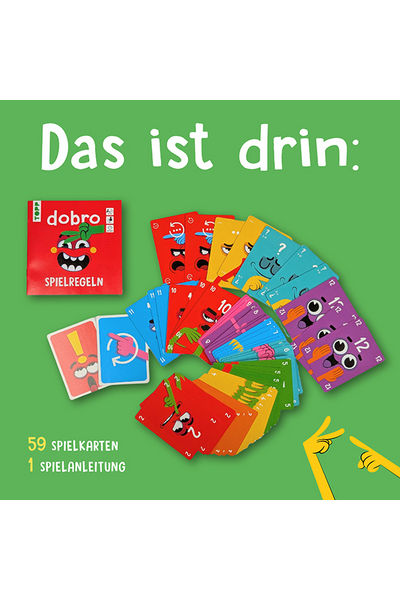 Grüner Hintergrund mit der Überschrift „Das ist drin:" und einer Übersicht des Spielinhalts. Zu sehen sind 59 farbenfrohe Spielkarten (rot, blau, gelb, grün, lila) mit Zahlen und Monstermotiven, aufgefächert nebeneinander, sowie zwei Sonderkarten. Daneben liegt die rote Spielanleitung mit dem „dobro"-Logo. Unten links die Auflistung: „59 Spielkarten, 1 Spielanleitung." Rechts unten eine gelbe Cartoon-Hand, die auf den Inhalt zeigt.