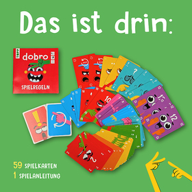 Grüner Hintergrund mit der Überschrift „Das ist drin:" und einer Übersicht des Spielinhalts. Zu sehen sind 59 farbenfrohe Spielkarten (rot, blau, gelb, grün, lila) mit Zahlen und Monstermotiven, aufgefächert nebeneinander, sowie zwei Sonderkarten. Daneben liegt die rote Spielanleitung mit dem „dobro"-Logo. Unten links die Auflistung: „59 Spielkarten, 1 Spielanleitung." Rechts unten eine gelbe Cartoon-Hand, die auf den Inhalt zeigt.